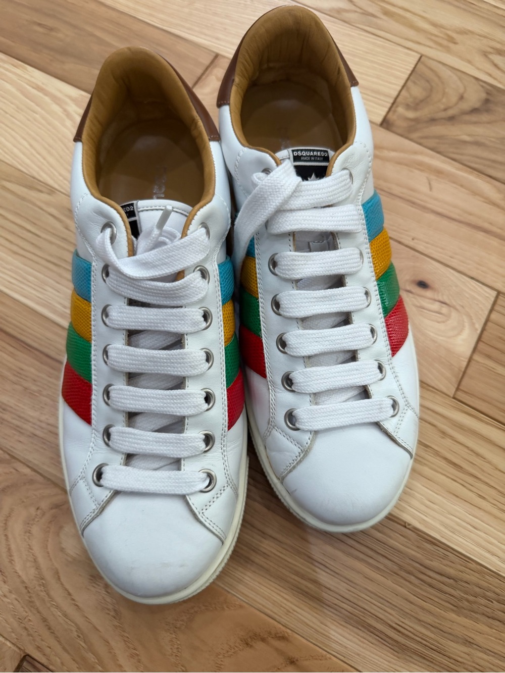 DSQUARED2 White Sneakers with Blue, Yellow, Green & Red Stripes